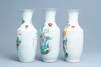 Three Chinese famille rose vases with narrative scenes, 19/20th C.