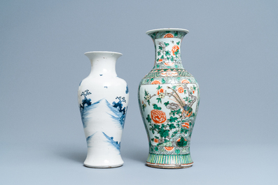 A Chinese famille verte vase and a blue and white vase, 19th C.