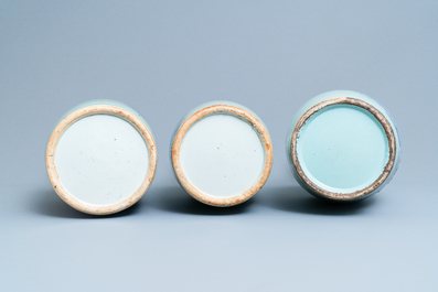 Three Chinese blue and white celadon-ground vases, 19th C.