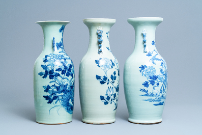 Three Chinese blue and white celadon-ground vases, 19th C.