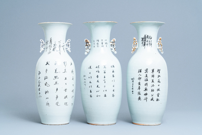 Three Chinese famille rose vases with narrative scenes, 19/20th C.
