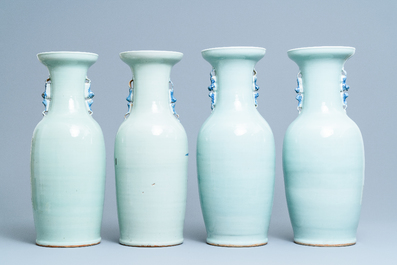 Vier Chinese vazen met blauw-wit decor op celadon fondkleur, 19e eeuw