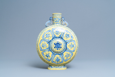 A Chinese yellow-ground blue and white 'Bajixiang' moon flask vase, Yongzheng mark, 19/20th C.