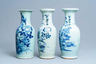 Three Chinese blue and white celadon-ground vases, 19th C.