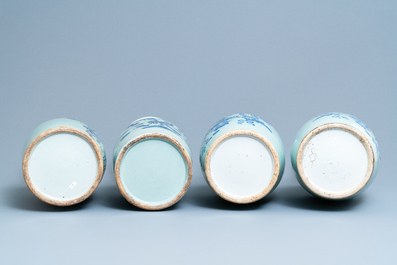 Vier Chinese vazen met blauw-wit decor op celadon fondkleur, 19e eeuw