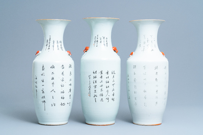 Three Chinese famille rose vases with narrative scenes, 19/20th C.