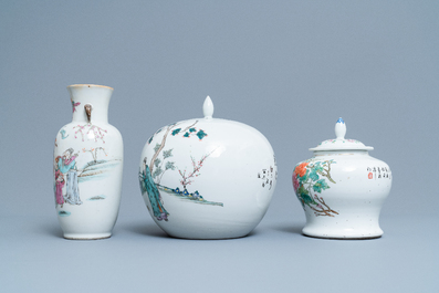 Six various Chinese famille rose and qianjiang cai vases, 19/20th C.