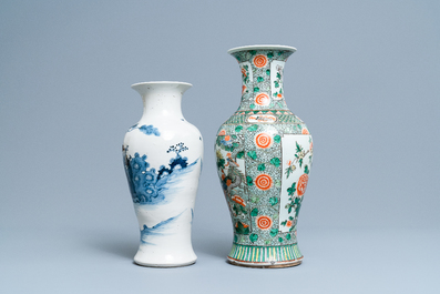A Chinese famille verte vase and a blue and white vase, 19th C.