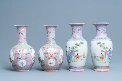 Deux paires de vases en porcelaine de Chine famille rose, R&eacute;publique