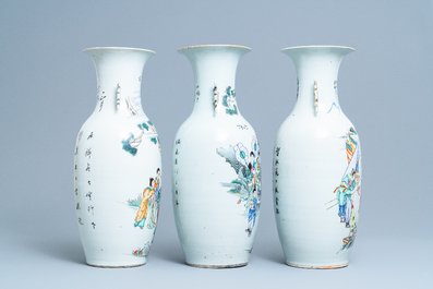 Three Chinese famille rose vases with narrative scenes, 19/20th C.