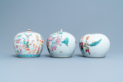 Three Chinese famille rose jars, 19th C.