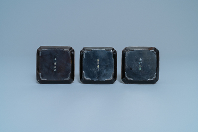 Trois coupes en laque burgaut&eacute;, marque au dos, Chine, Kangxi