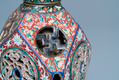 A rare Chinese reticulated famille rose revolving vase, 19/20th C.