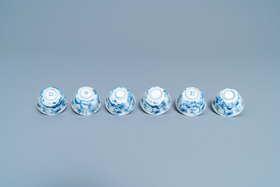 Six Chinese blue and white cups and saucers with horseriders, Kangxi