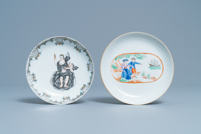 Une paire d'assiettes armori&eacute;es, une coupe en grisaille et une &agrave; d&eacute;cor de 'L'adieu du marin', Chine, Qianlong
