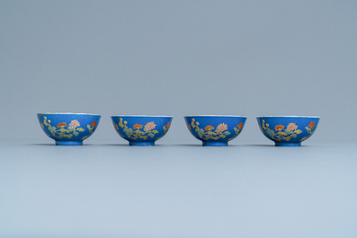 Four Chinese blue-ground bowls with floral designs, Yongzheng mark, Republic