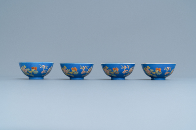 Four Chinese blue-ground bowls with floral designs, Yongzheng mark, Republic