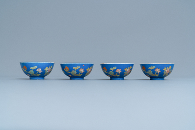 Four Chinese blue-ground bowls with floral designs, Yongzheng mark, Republic