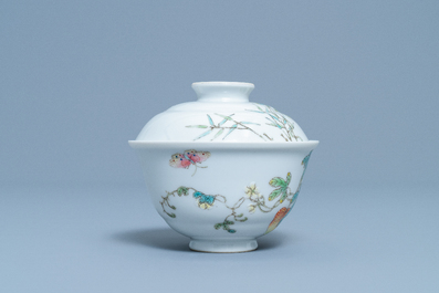 A Chinese famille rose 'balsam pear' bowl and cover, Jiaqing mark, Republic