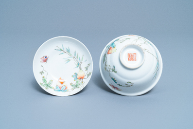 A Chinese famille rose 'balsam pear' bowl and cover, Jiaqing mark, Republic