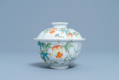 A Chinese famille rose 'balsam pear' bowl and cover, Jiaqing mark, Republic