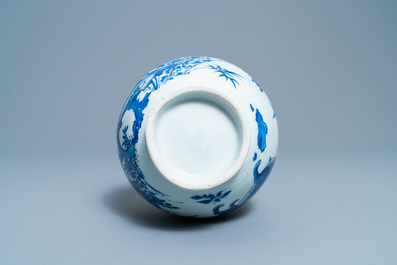 A rare Chinese blue and white bottle vase with a tiger and two butterflies, Transitional period