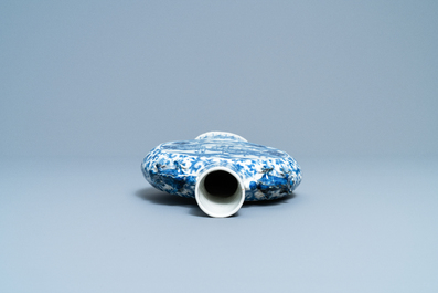 A Chinese blue and white moon flask vase with topographic medallions, 19th C.
