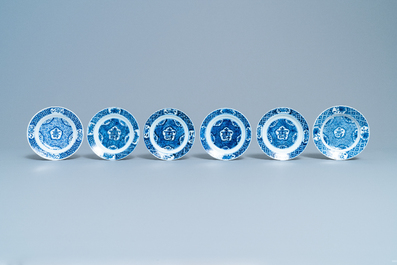 Six Chinese blue and white 'Shou' plates, Chenghua mark, Kangxi