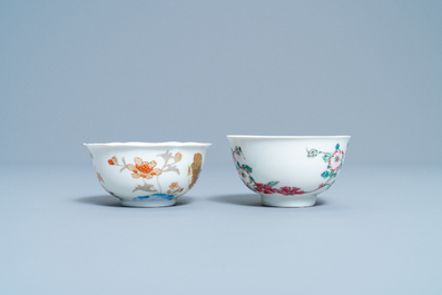 A Chinese gilt-decorated cup and saucer and a floral famille rose cup, Yongzheng