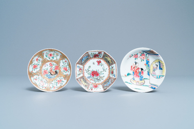 Three Chinese famille rose cups and saucers, Yongzheng/Qianlong