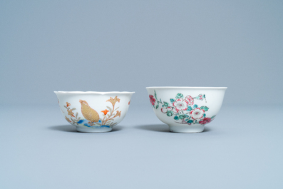 A Chinese gilt-decorated cup and saucer and a floral famille rose cup, Yongzheng