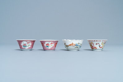 Een Chinese famille rose VOC-kop, een Pronk-kop en twee koppen en schotels, Yongzheng/Qianlong