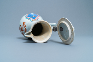 A Chinese French market famille rose ewer and cover with the arms of de Faverolles, Qianlong