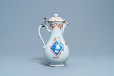 A Chinese French market famille rose ewer and cover with the arms of de Faverolles, Qianlong
