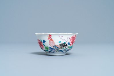 A Chinese famille rose 'rooster' cup and saucer, Yongzheng
