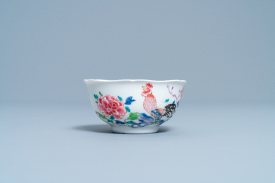 A Chinese famille rose 'rooster' cup and saucer, Yongzheng