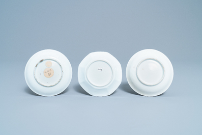 Three Chinese famille rose cups and saucers, Yongzheng/Qianlong