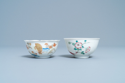 A Chinese gilt-decorated cup and saucer and a floral famille rose cup, Yongzheng