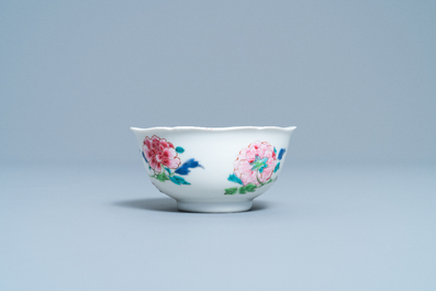 A Chinese famille rose 'rooster' cup and saucer, Yongzheng