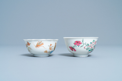 A Chinese gilt-decorated cup and saucer and a floral famille rose cup, Yongzheng