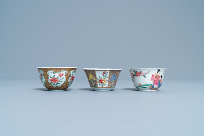Three Chinese famille rose cups and saucers, Yongzheng/Qianlong