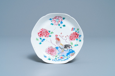 A Chinese famille rose 'rooster' cup and saucer, Yongzheng