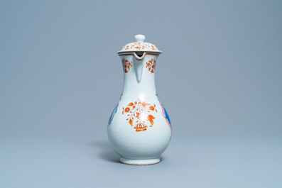 A Chinese French market famille rose ewer and cover with the arms of de Faverolles, Qianlong