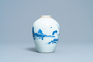 A Chinese blue and white 'landscape' jar, Transitional period