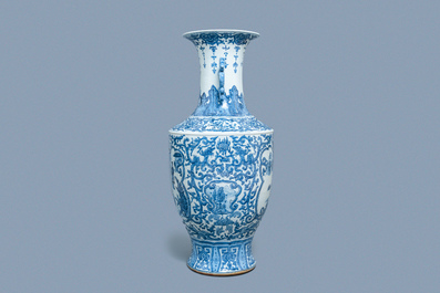 A large Chinese blue and white vase with figurative medallions, 20th C.