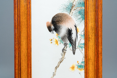 A large Chinese rectangular plaque with a bird on a blossoming branch, seal mark, Republic