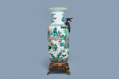 A large gilt bronze-mounted Chinese famille verte rouleau vase, 19th C.