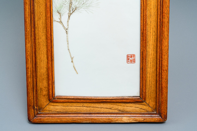 A large Chinese rectangular plaque with a bird on a blossoming branch, seal mark, Republic