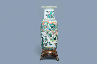 A large gilt bronze-mounted Chinese famille verte rouleau vase, 19th C.