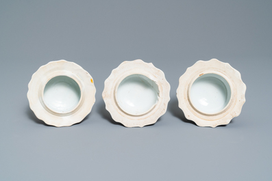 A large Chinese blue and white five-piece garniture with floral and landscape panels, Kangxi